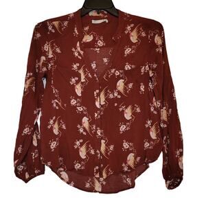 Lefties maroon red floral bird print button up blouse size large Novelty Retro